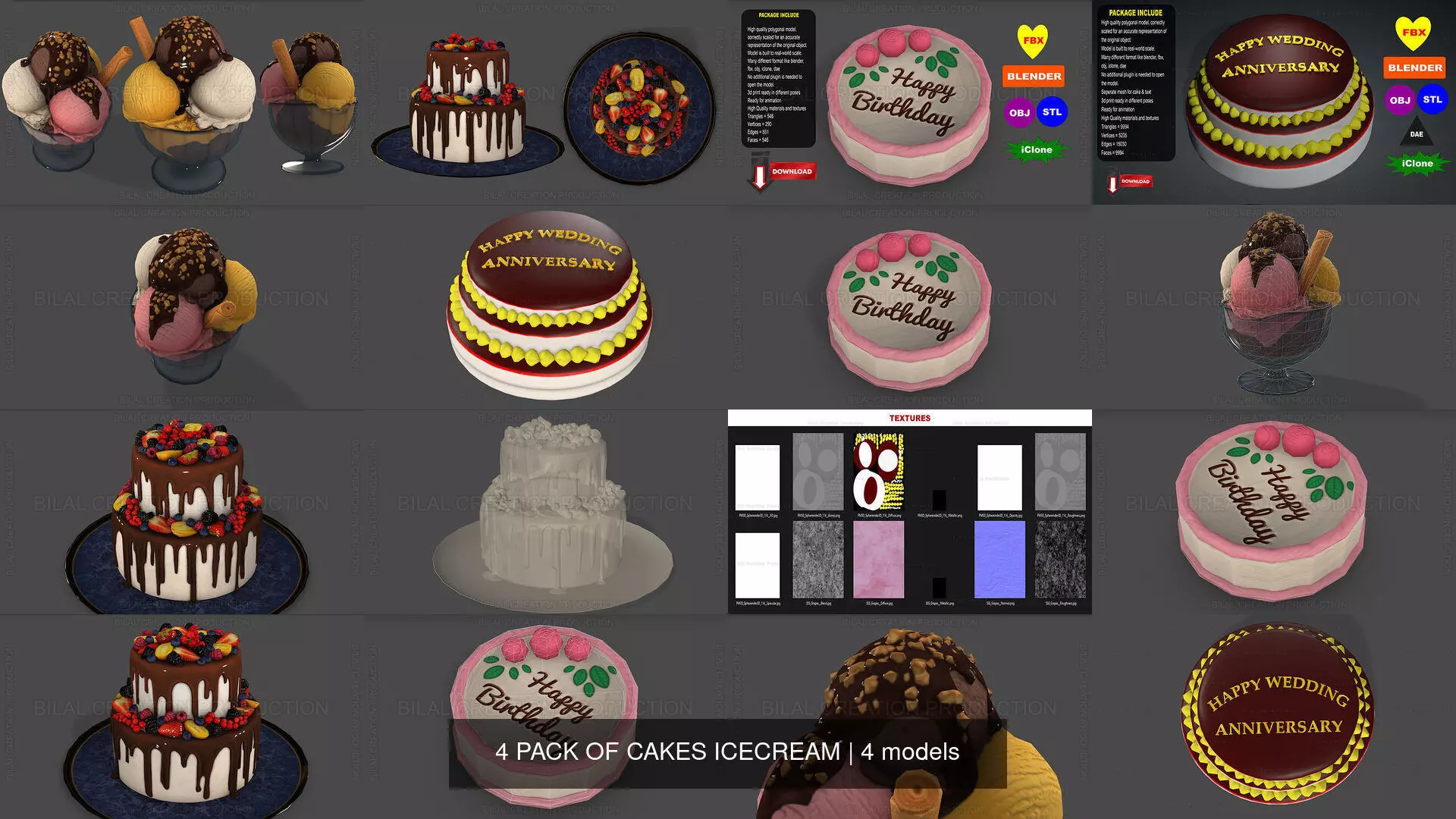 4 PACK OF CAKES ICECREAM 3D Model Collection_0