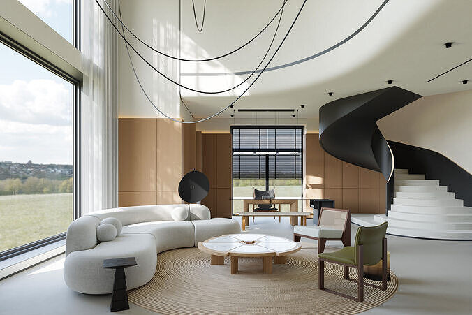 Modern Villa Living and Dining Room Interior Scene 3D model 7