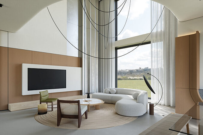 Modern Villa Living and Dining Room Interior Scene 3D model 5