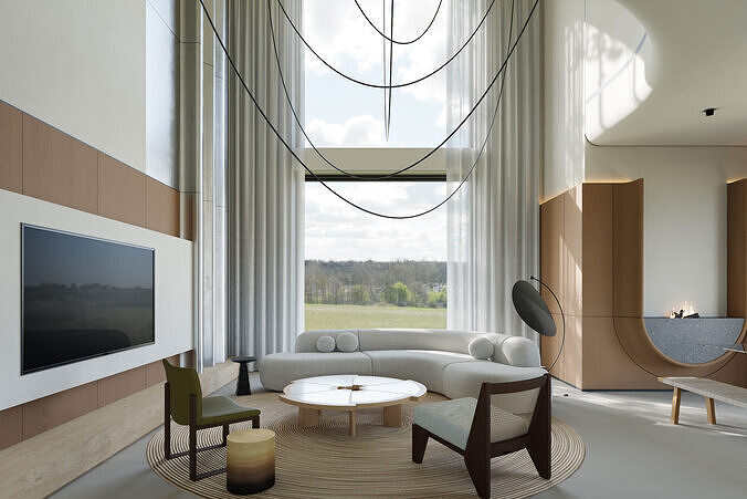 Modern Villa Living and Dining Room Interior Scene 3D model 6