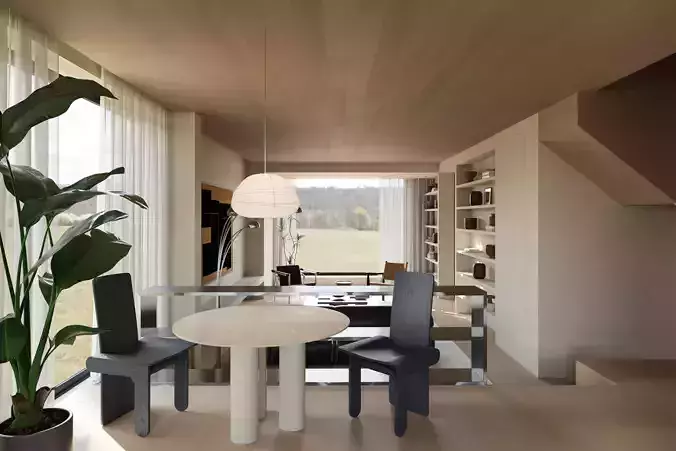 Wabi-Sabi Style Living and Dining Room Interior Scene 3D model