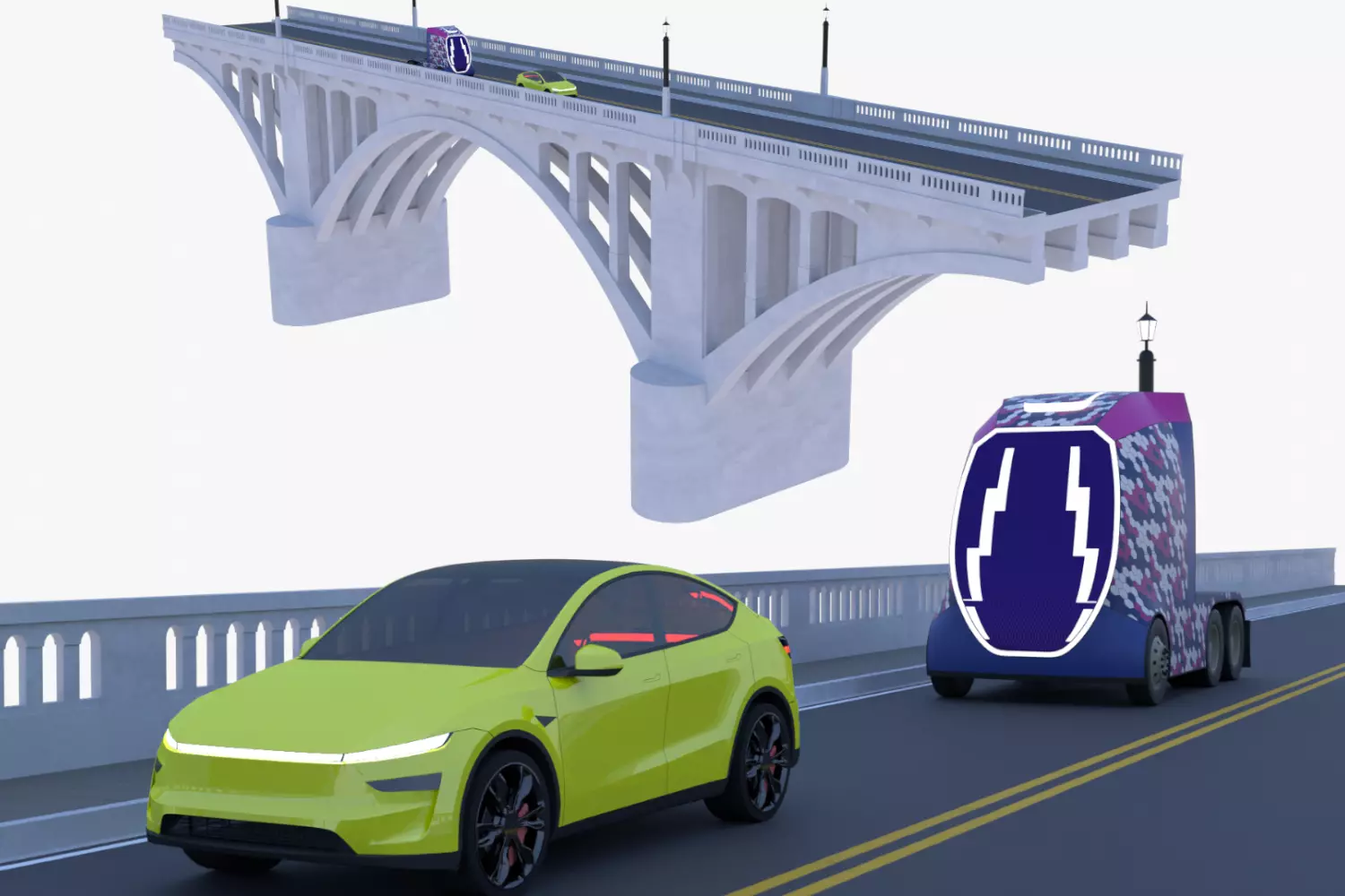 Bridge with truck and Tesla 3D model_0