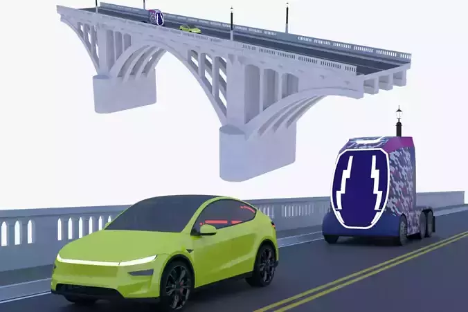 Bridge with truck and Tesla 3D model