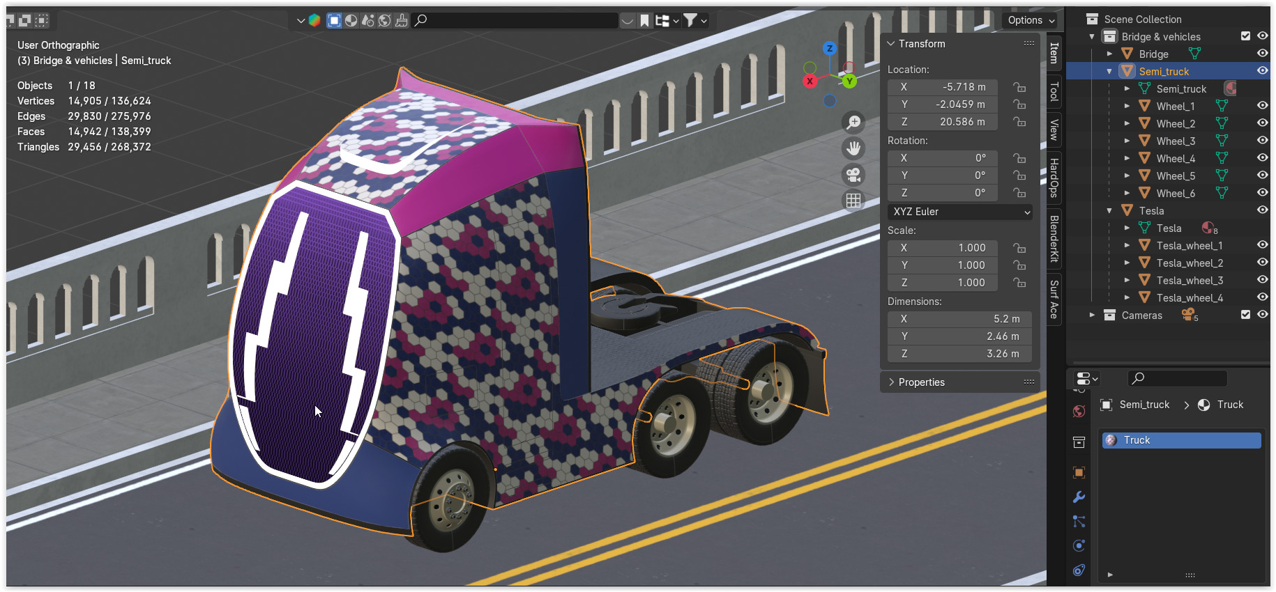 Bridge with truck and Tesla 3D model_9