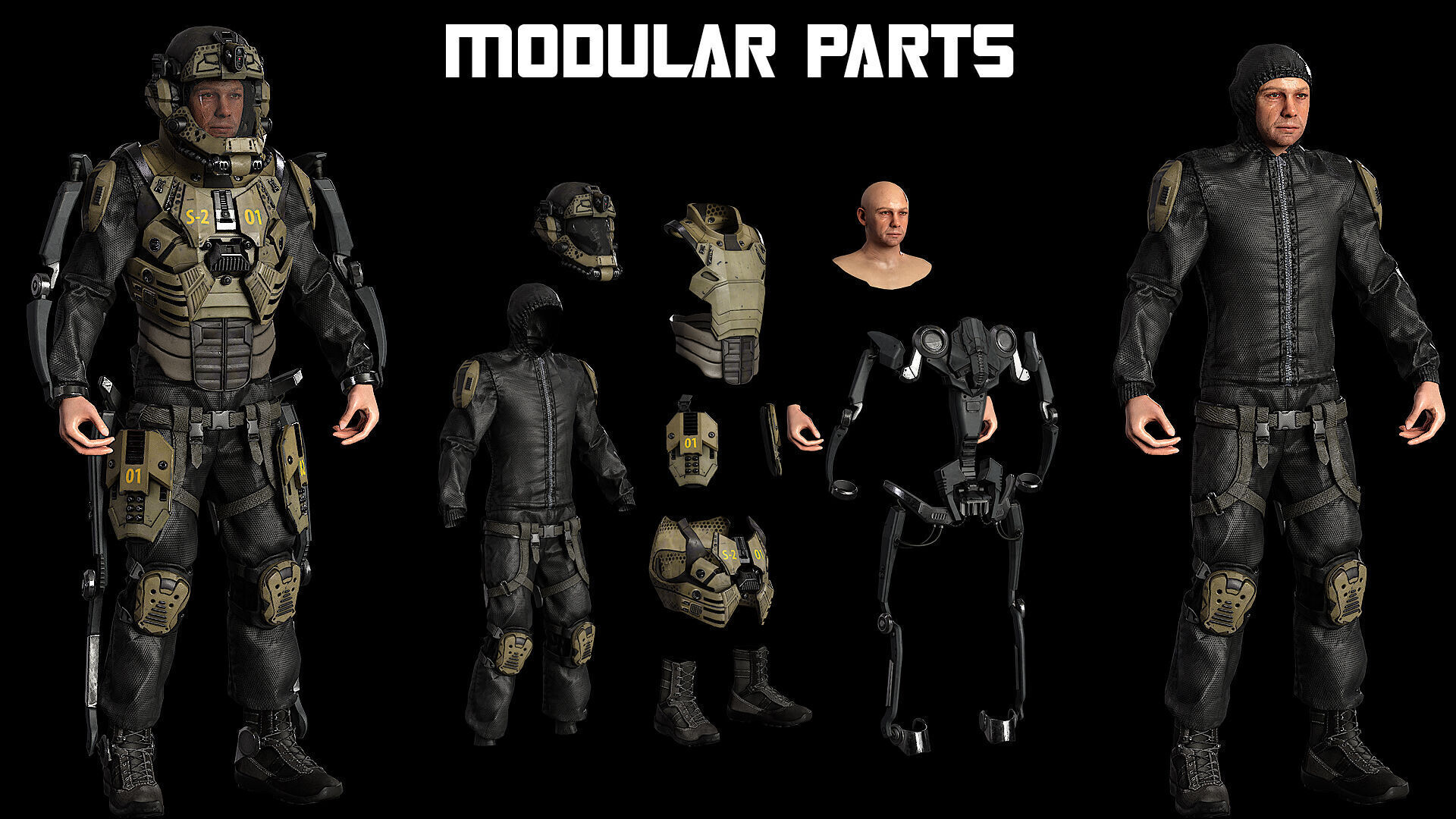 MODULAR SCI FI SOLDIER Vol 2 Game ready character Low-poly 3D model_7