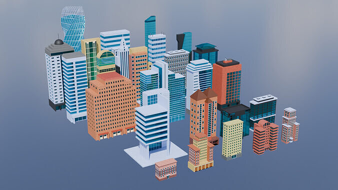 Low Poly Buildings and Skyscrapers Asset pack - 26 Assets Low-poly 3D model
