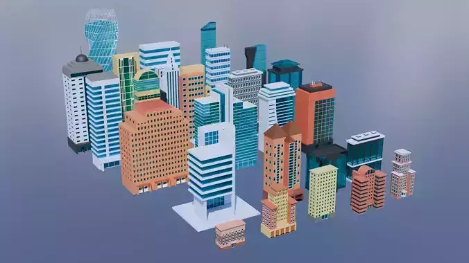 Low Poly Buildings and Skyscrapers Asset pack - 26 Assets