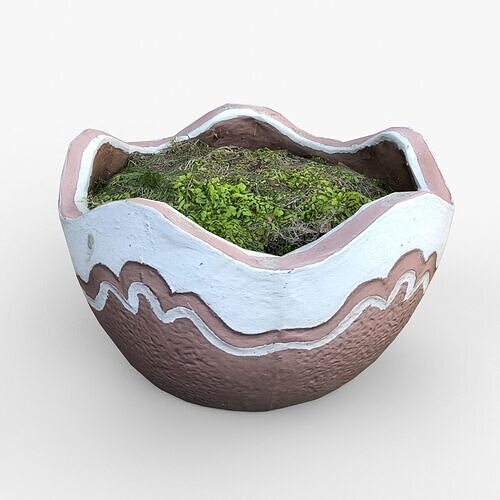 Broken Clay Planter with Moss Photorealistic 3D scan Low-poly 3D model