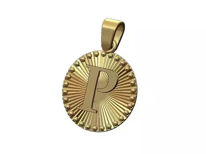 P letter initial faceted sunrays beaded coin pendant charm