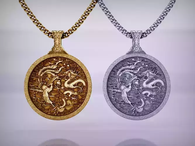 Phoenix and Dragon Coin Pendant Mythical Jewelry Castable