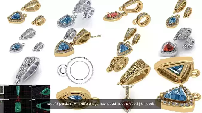 set of 8 pendants with different gemstones 3d models Model