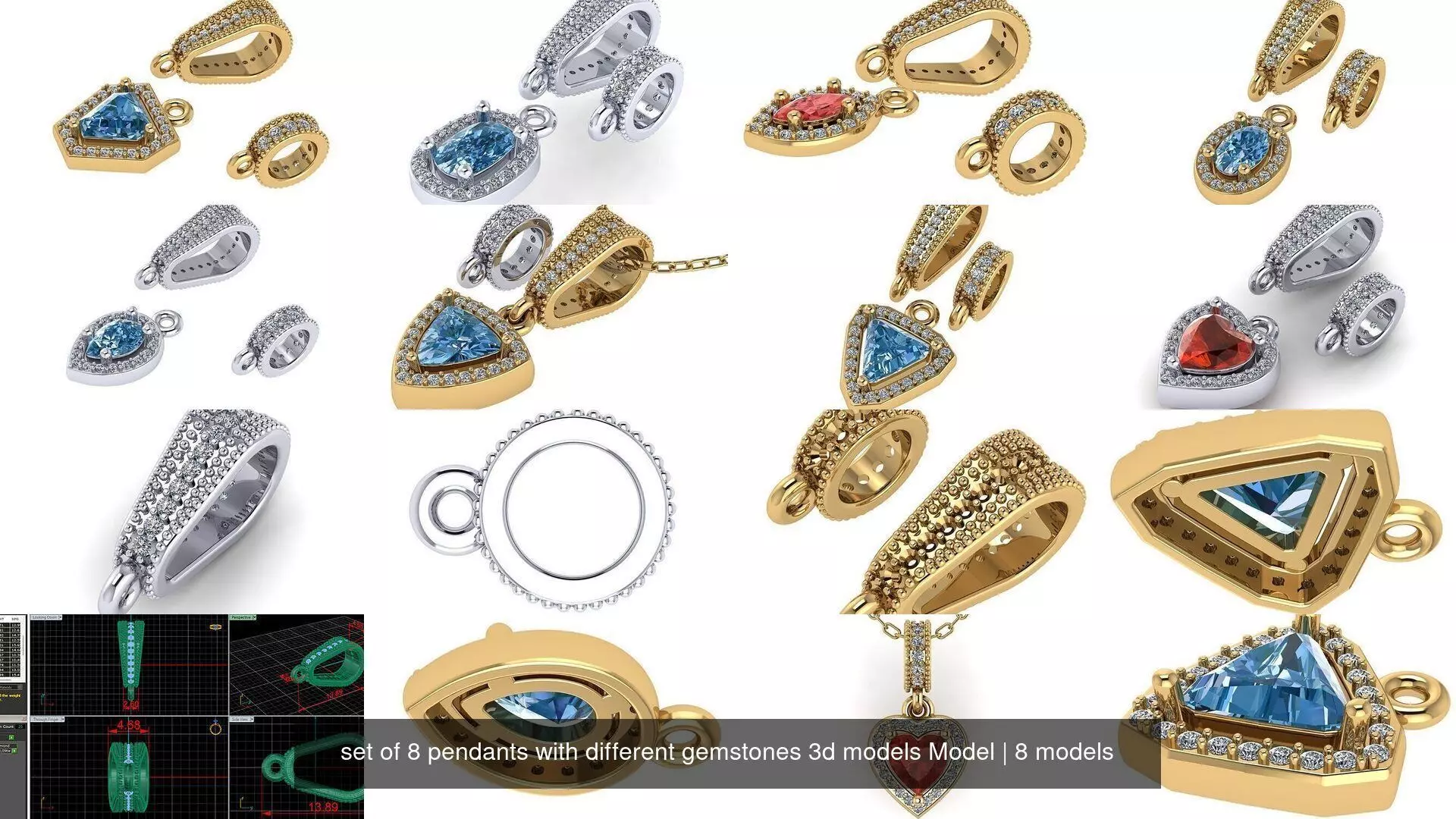 set of 8 pendants with different gemstones 3d models Model 3D Model Collection_0