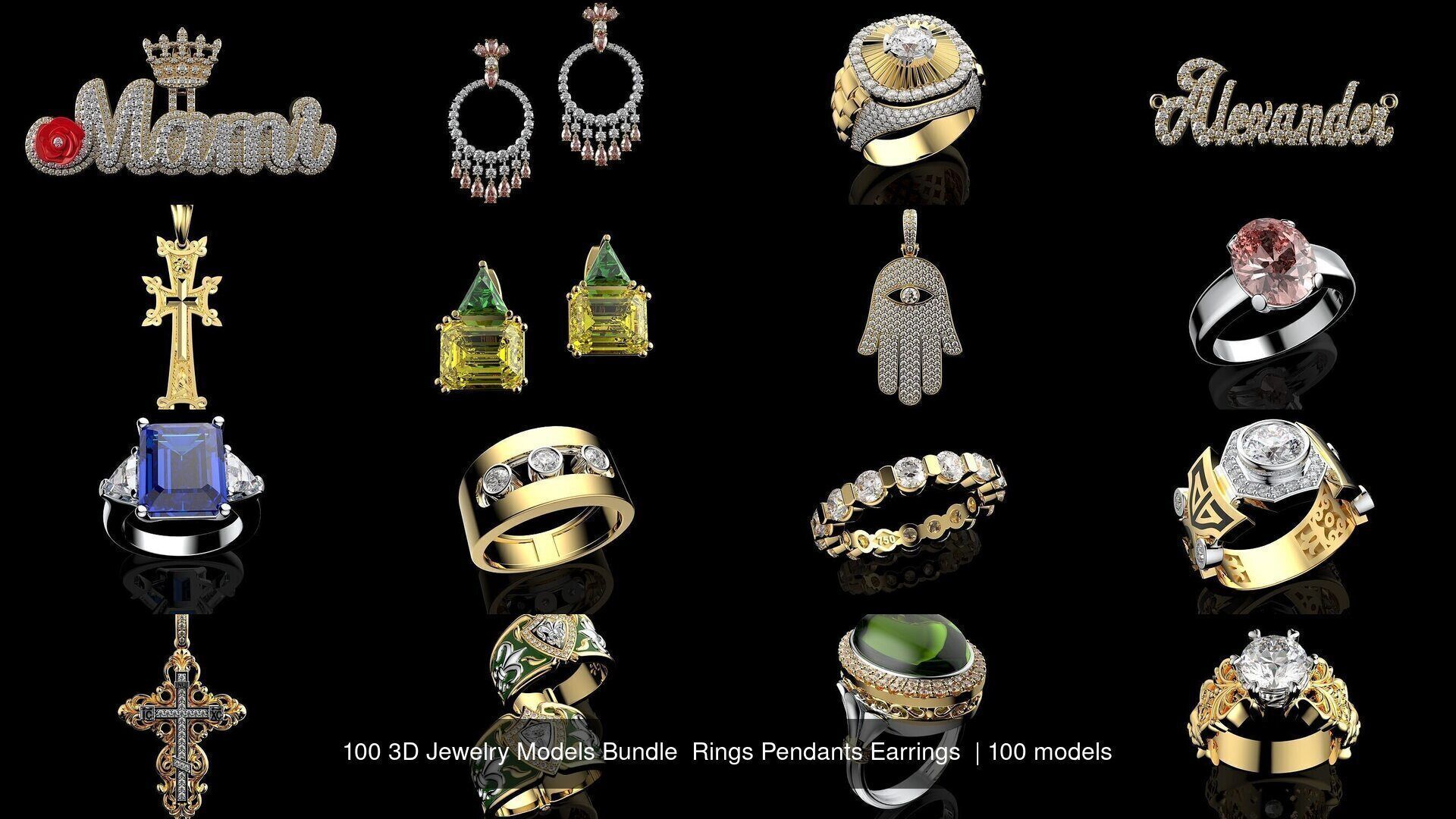 100 3D Jewelry Models Bundle  Rings Pendants Earrings  3D Model Collection_12