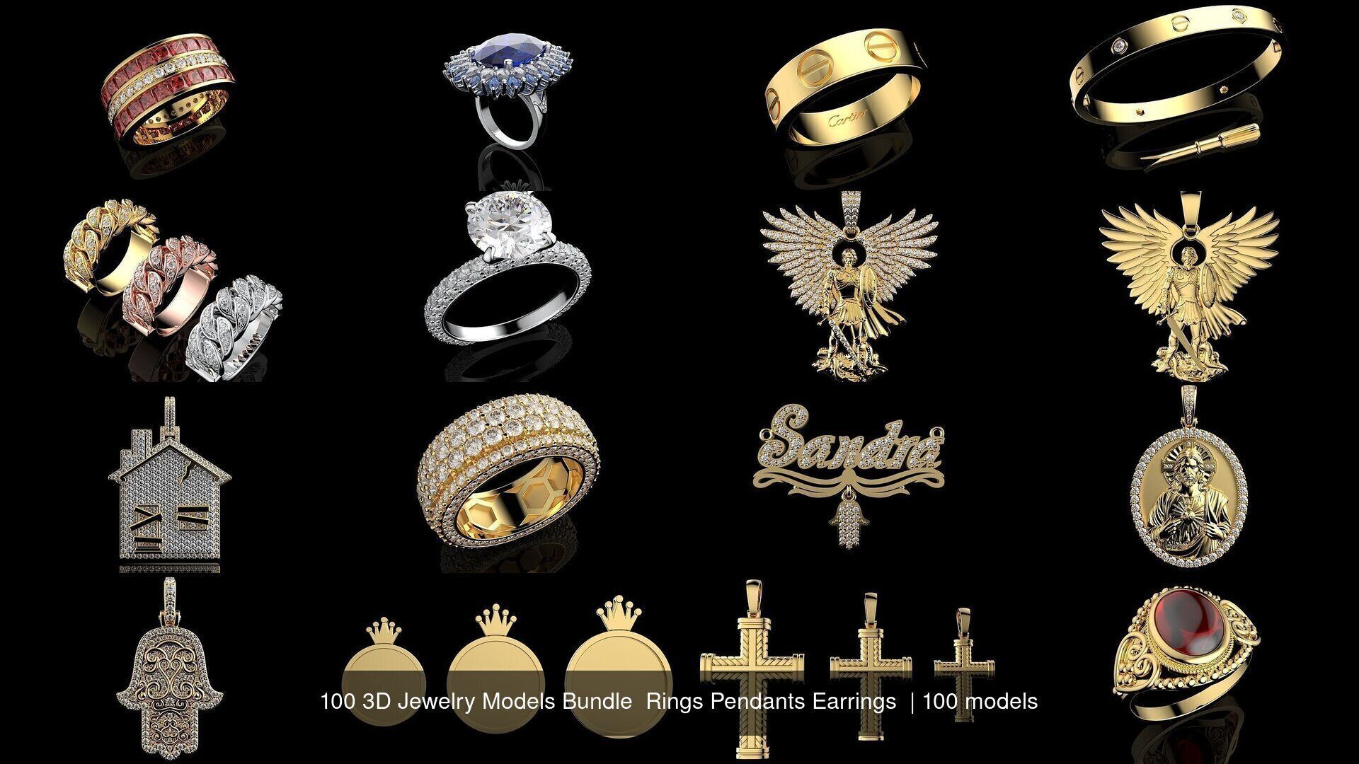 100 3D Jewelry Models Bundle  Rings Pendants Earrings  3D Model Collection_5