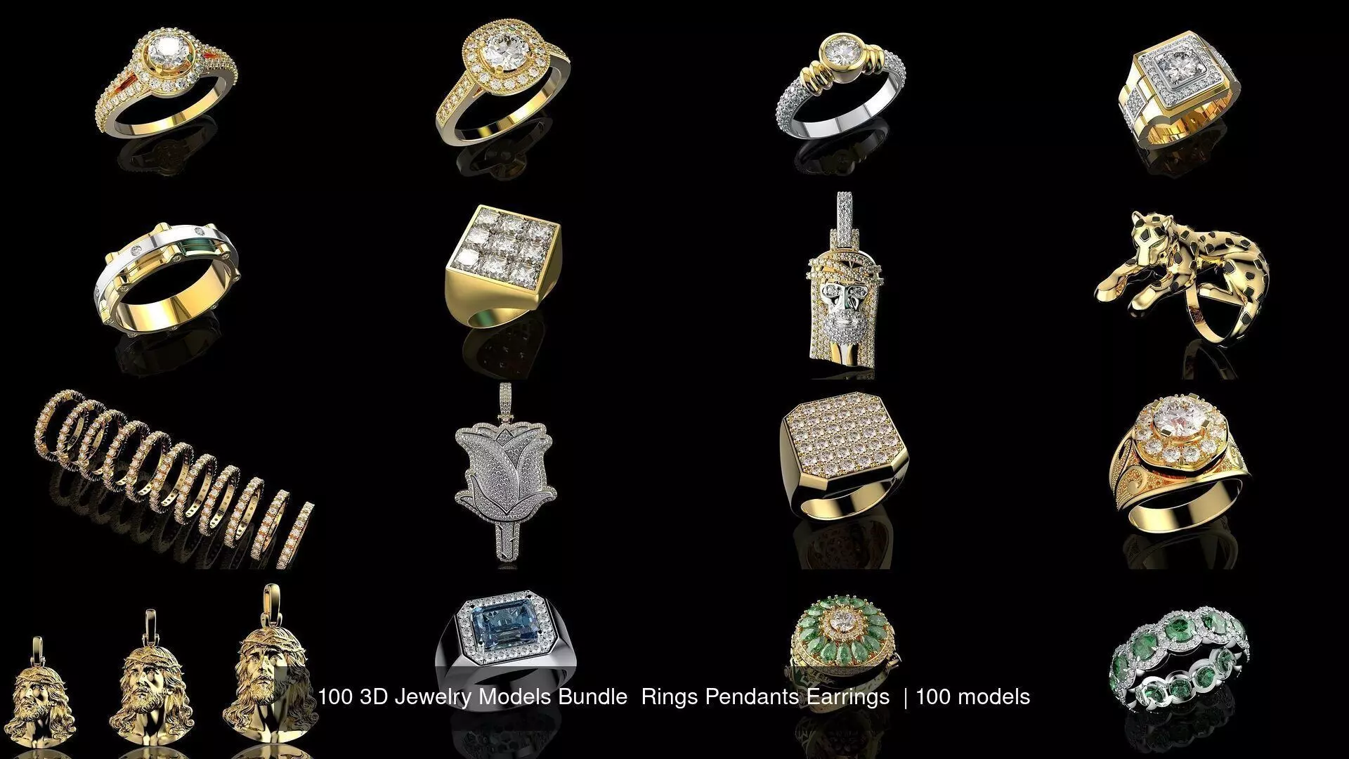 100 3D Jewelry Models Bundle  Rings Pendants Earrings  3D Model Collection_2