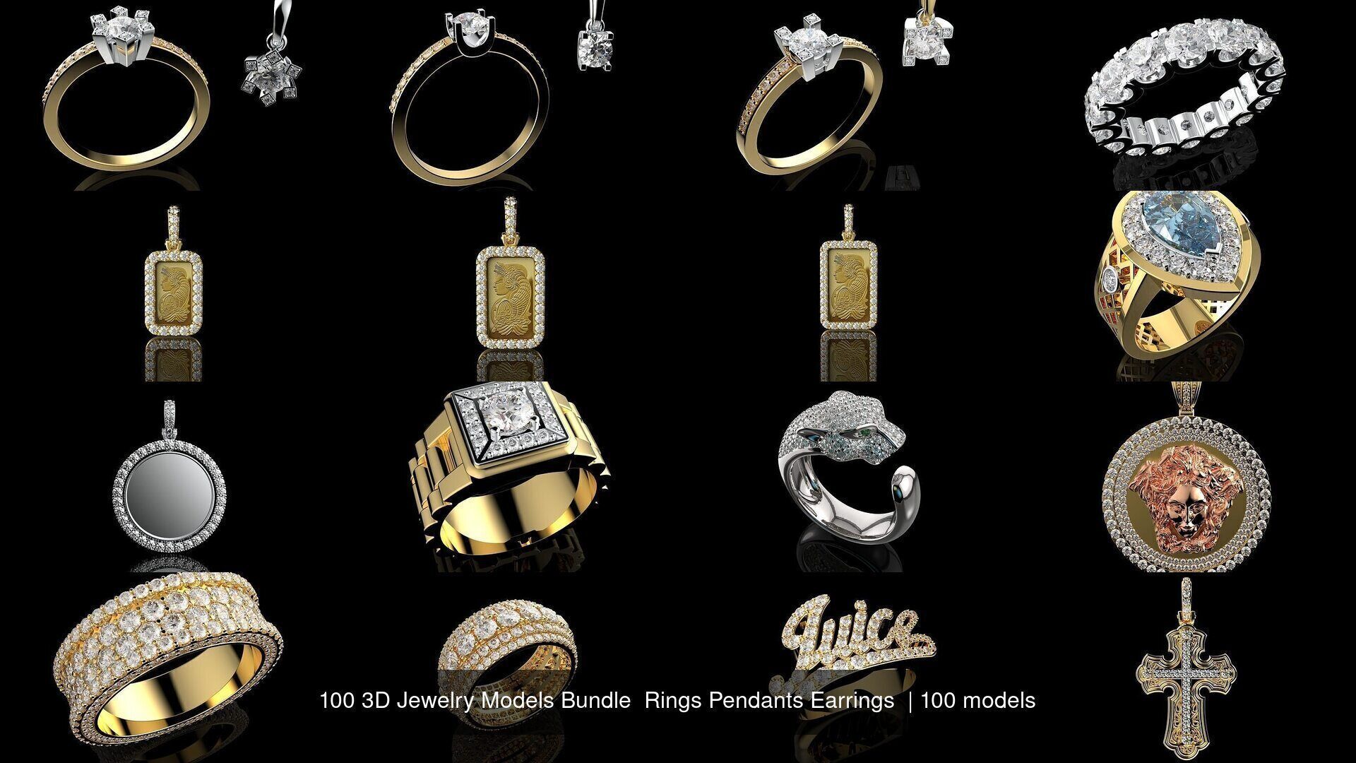 100 3D Jewelry Models Bundle  Rings Pendants Earrings  3D Model Collection_15