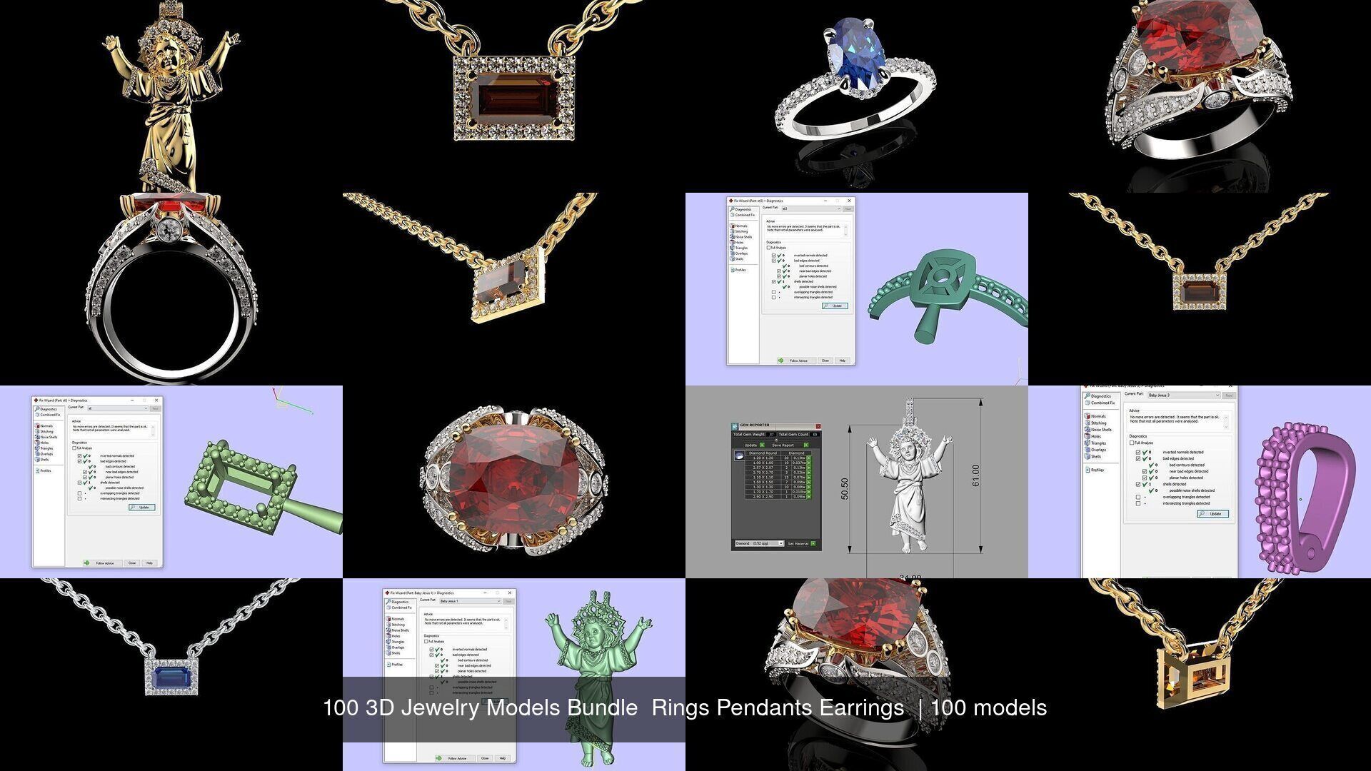 100 3D Jewelry Models Bundle  Rings Pendants Earrings  3D Model Collection_17