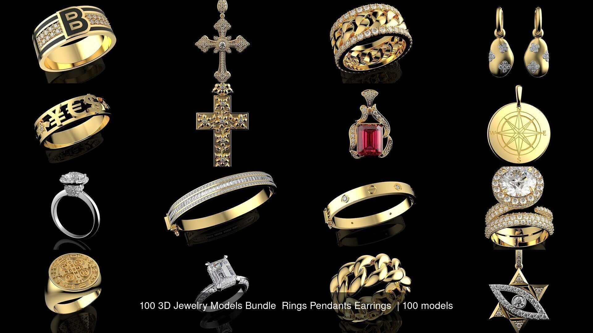 100 3D Jewelry Models Bundle  Rings Pendants Earrings  3D Model Collection_10