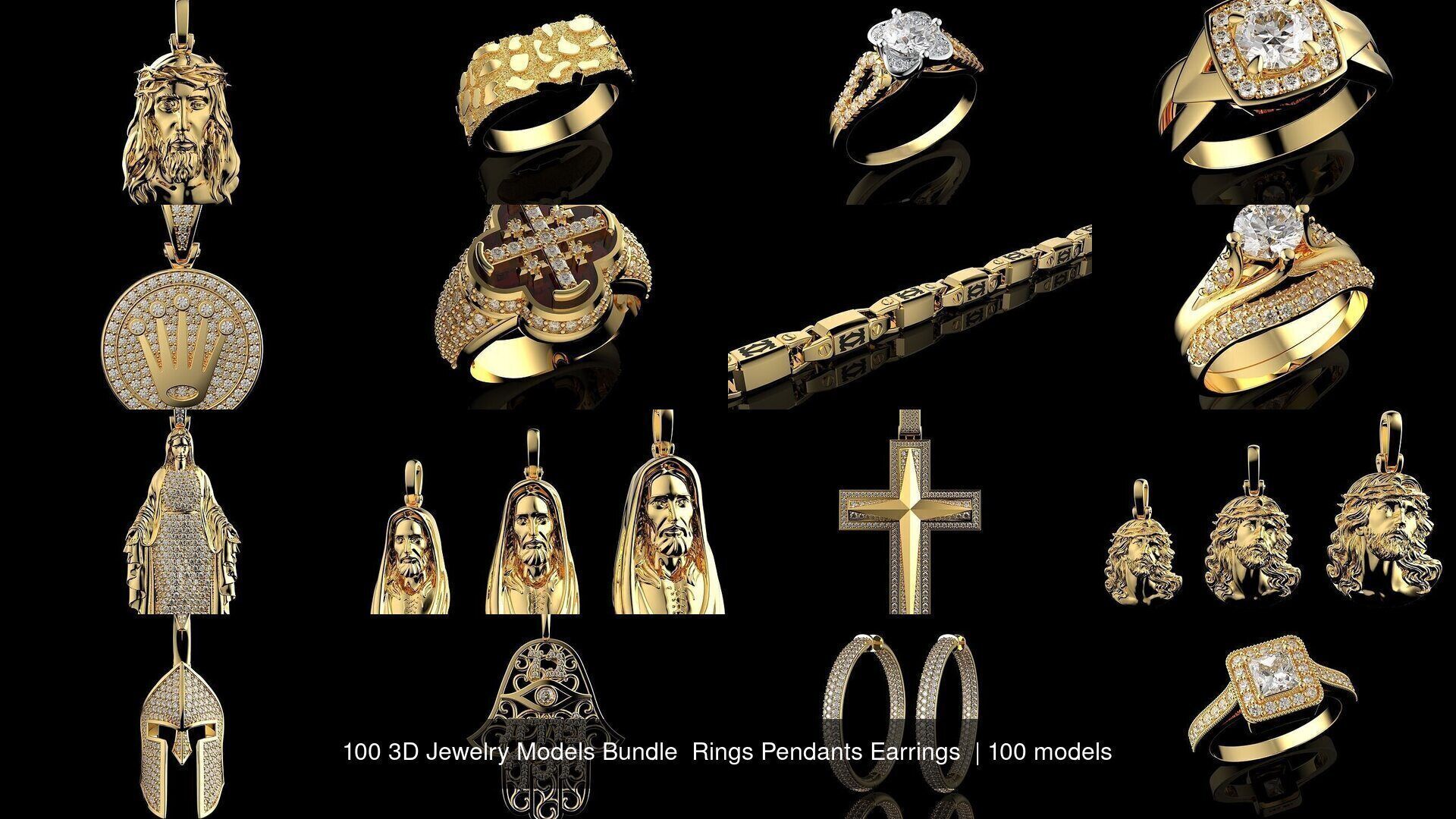 100 3D Jewelry Models Bundle  Rings Pendants Earrings  3D Model Collection_6