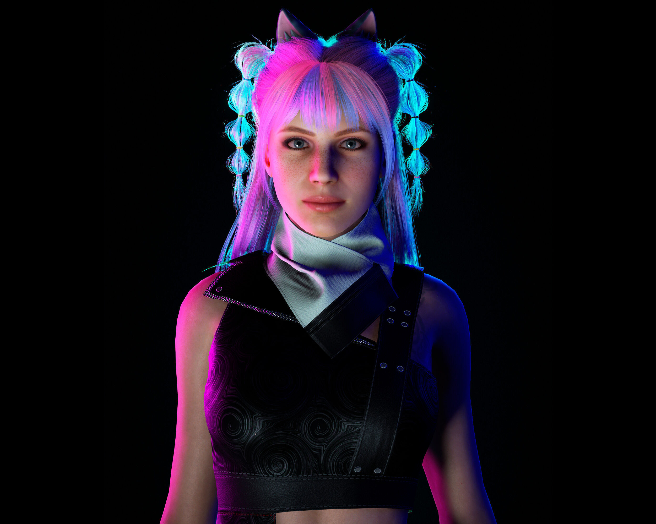 Lunara Neon Punk Female Character with Stylized Hair Low-poly 3D model_2
