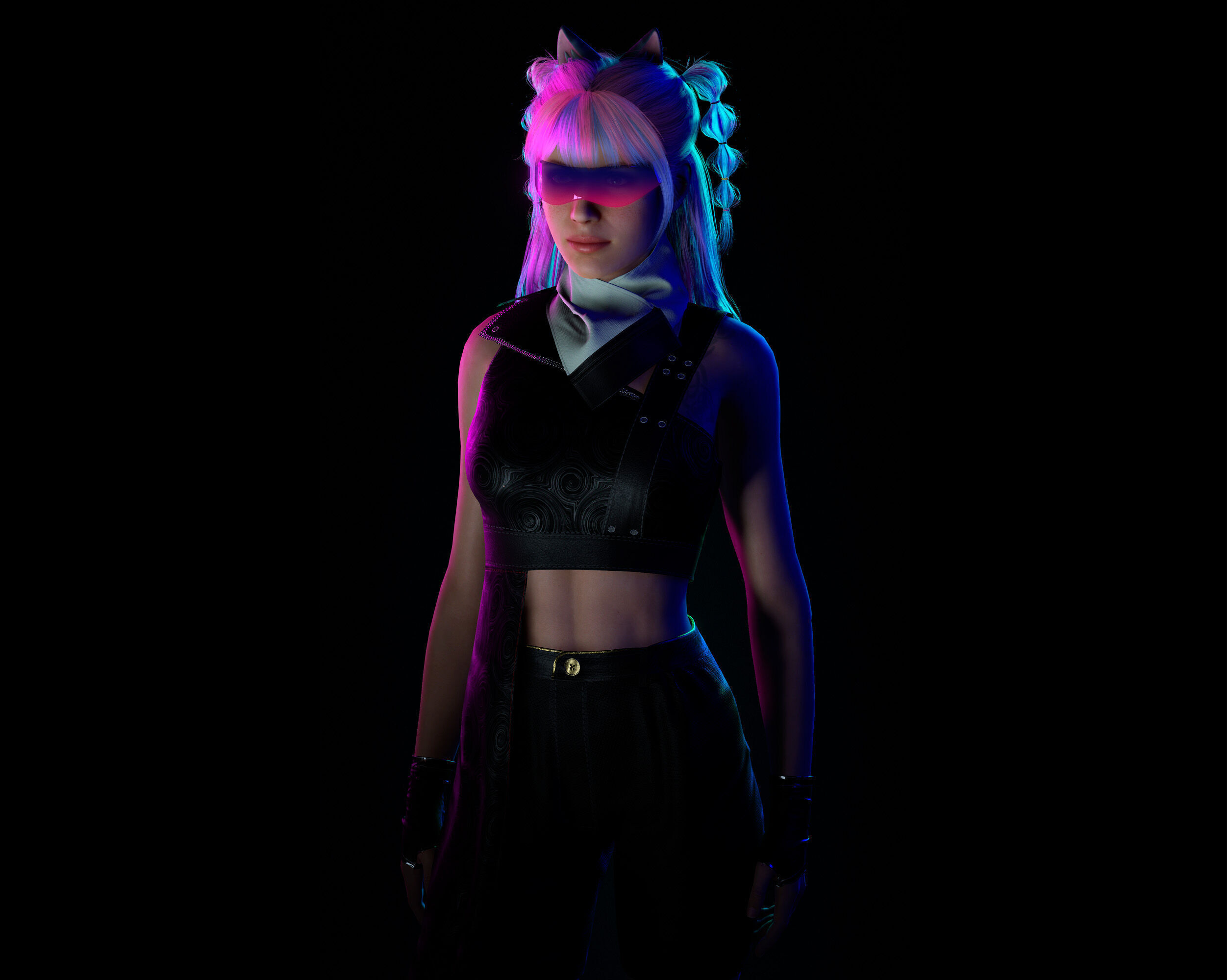 Lunara Neon Punk Female Character with Stylized Hair Low-poly 3D model_3