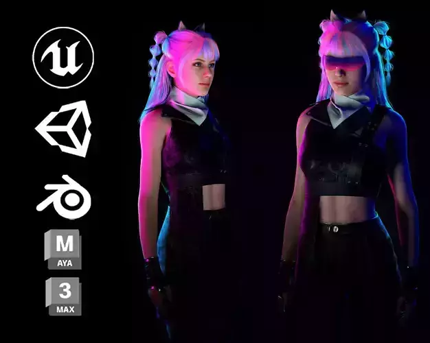 Lunara Neon Punk Female Character with Stylized Hair Low-poly 3D model