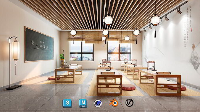 Traditional School Classroom Japanese Style  Low-poly 3D model