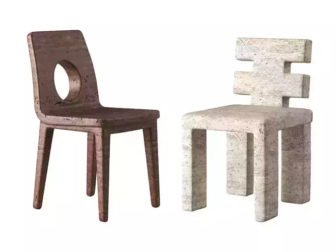 Brutalist Travertine Chairs - Geometric Sculptural Seating Set