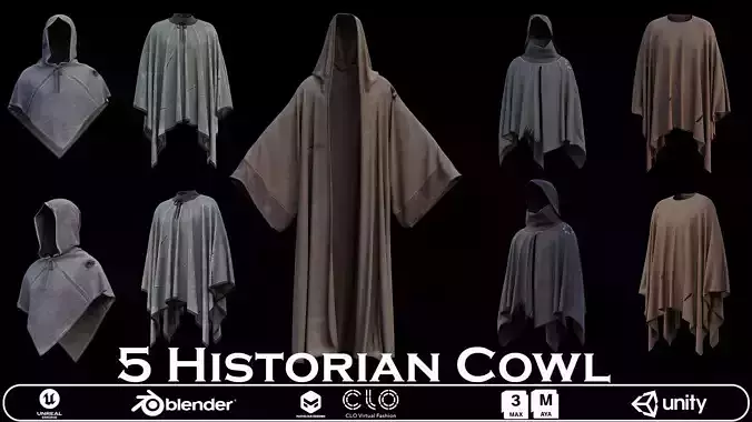 5 Historian Cowl  3D Clothing Bundle Low-poly 3D model