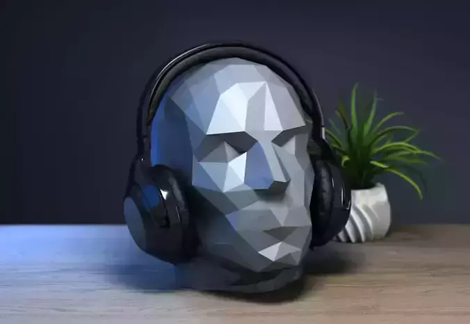 Low-poly human head headphone stand