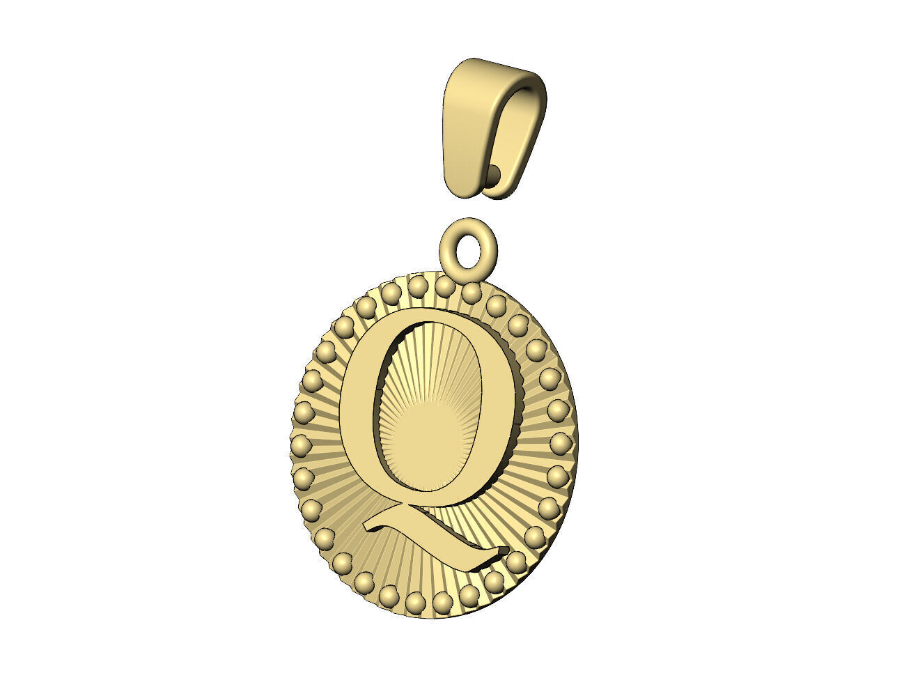 Q letter initial faceted sunrays beaded coin pendant charm 3D print model_5