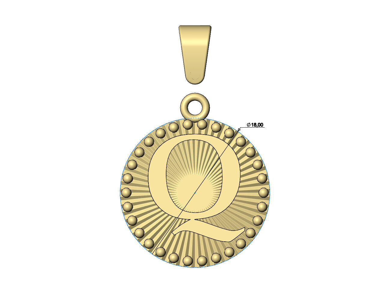 Q letter initial faceted sunrays beaded coin pendant charm 3D print model_6