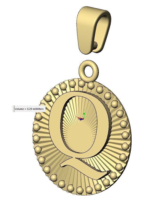 Q letter initial faceted sunrays beaded coin pendant charm 3D print model_12