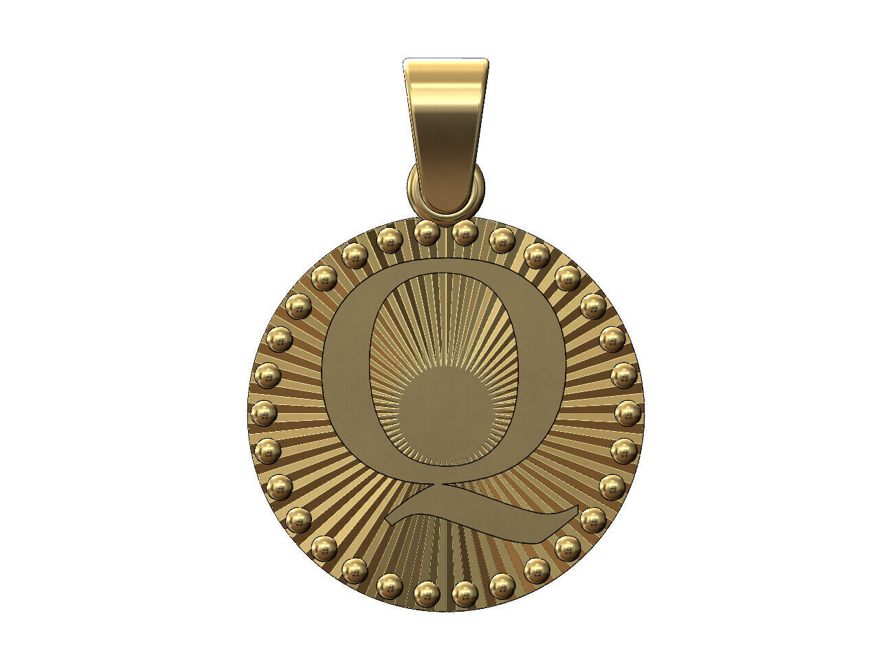 Q letter initial faceted sunrays beaded coin pendant charm 3D print model_1