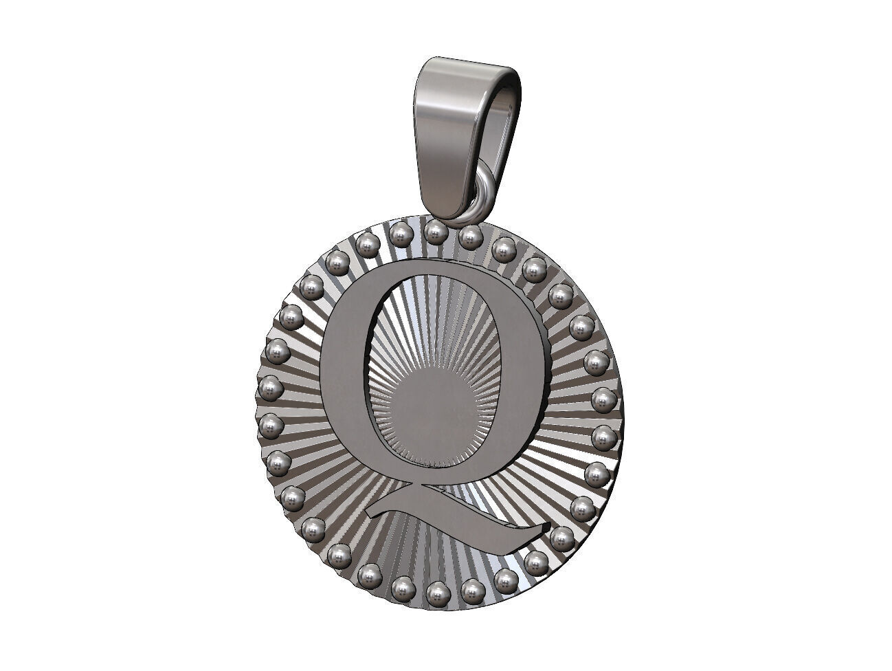 Q letter initial faceted sunrays beaded coin pendant charm 3D print model_11