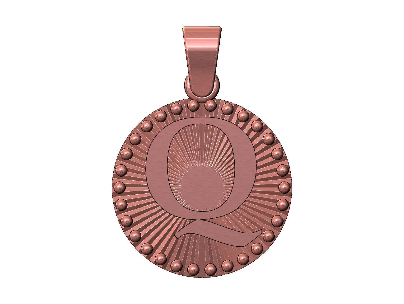 Q letter initial faceted sunrays beaded coin pendant charm 3D print model_10