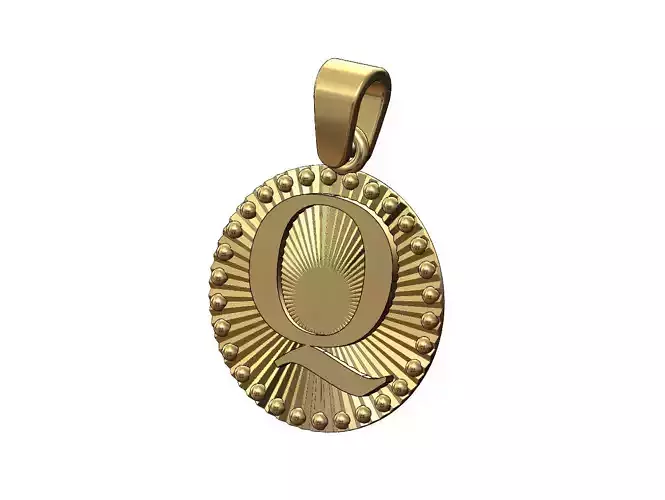 Q letter initial faceted sunrays beaded coin pendant charm