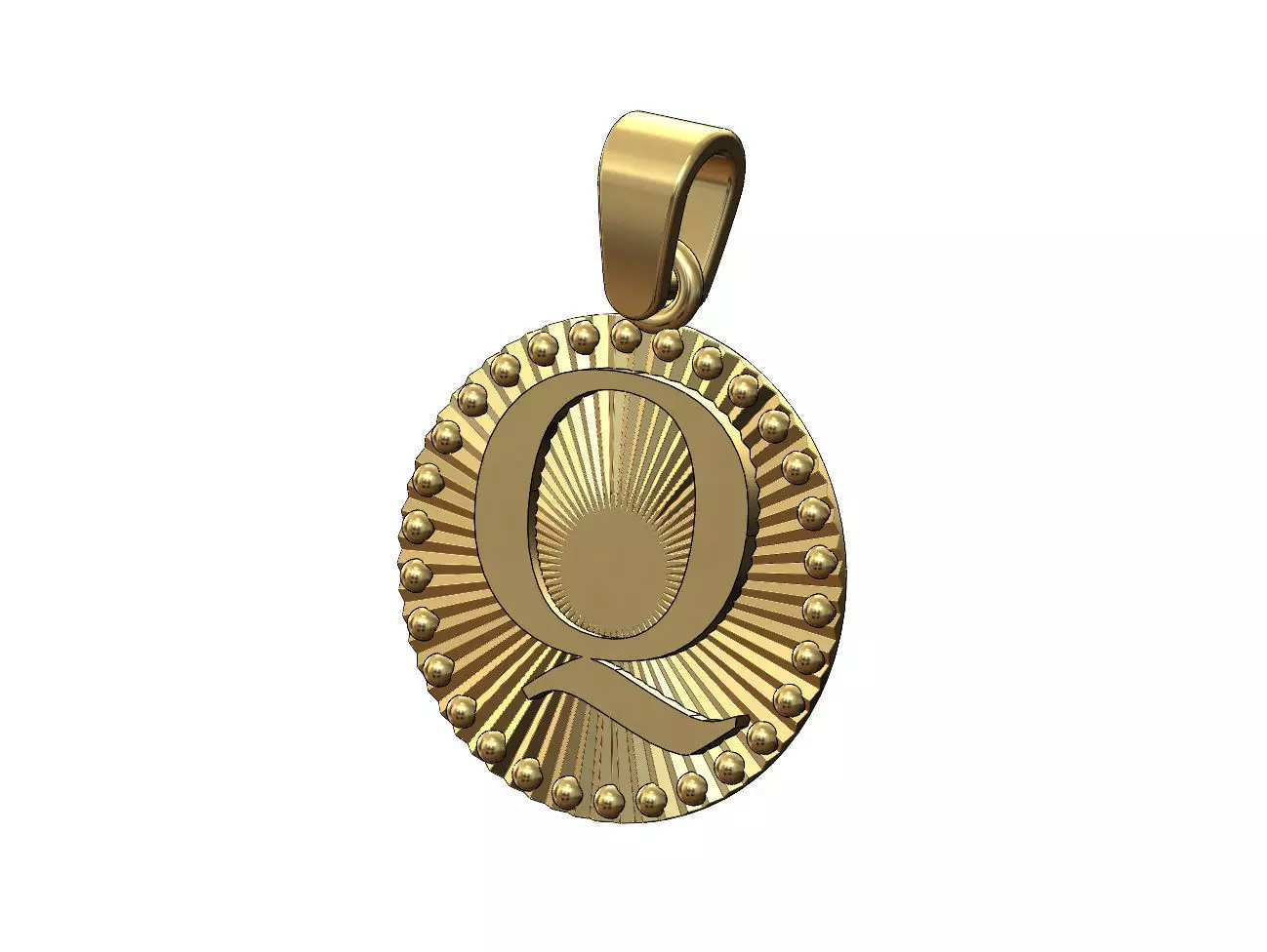 Q letter initial faceted sunrays beaded coin pendant charm 3D print model_0