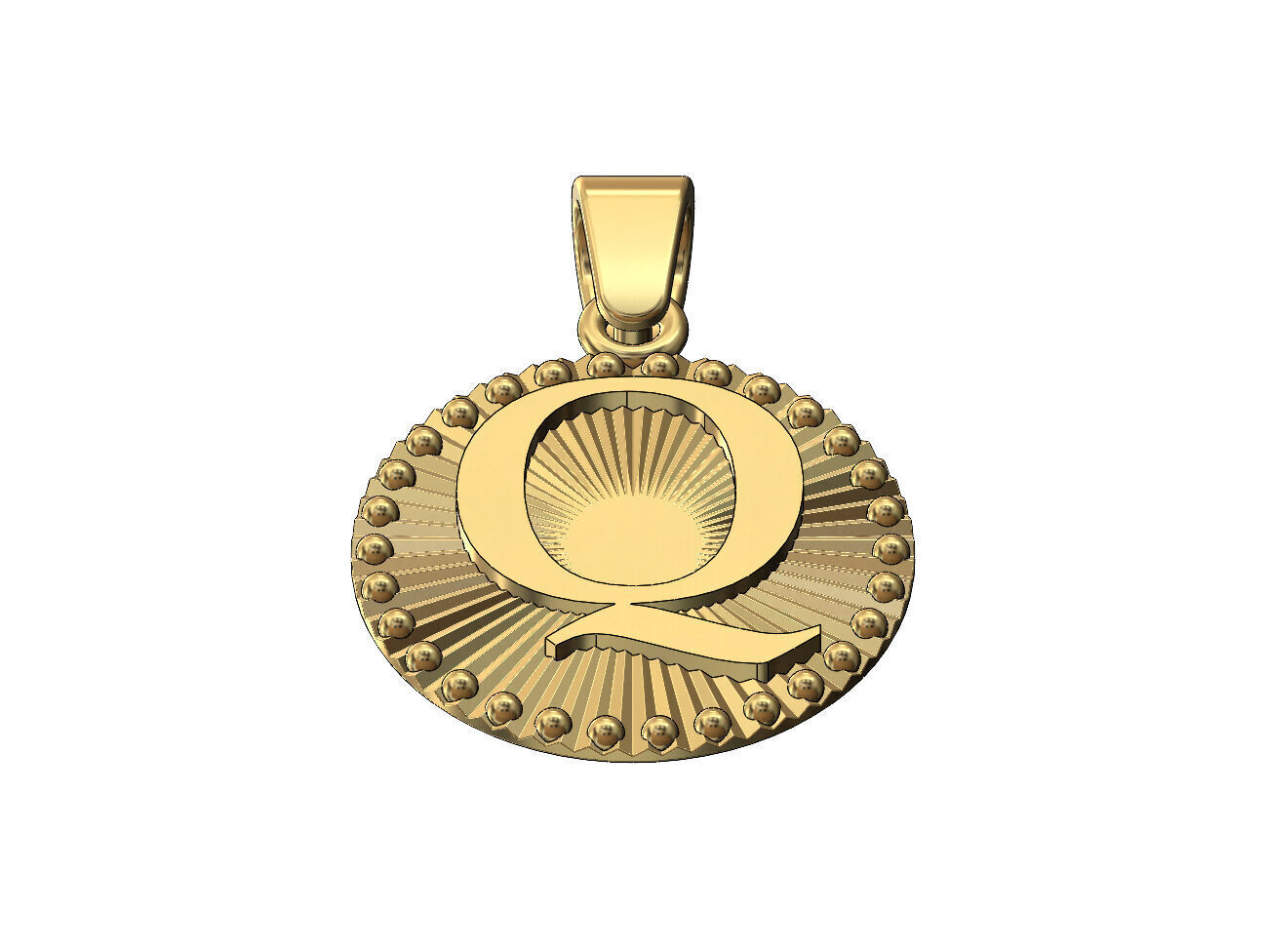 Q letter initial faceted sunrays beaded coin pendant charm 3D print model_2