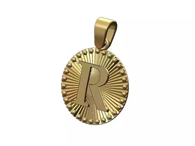 R letter initial faceted sunrays beaded coin pendant charm 