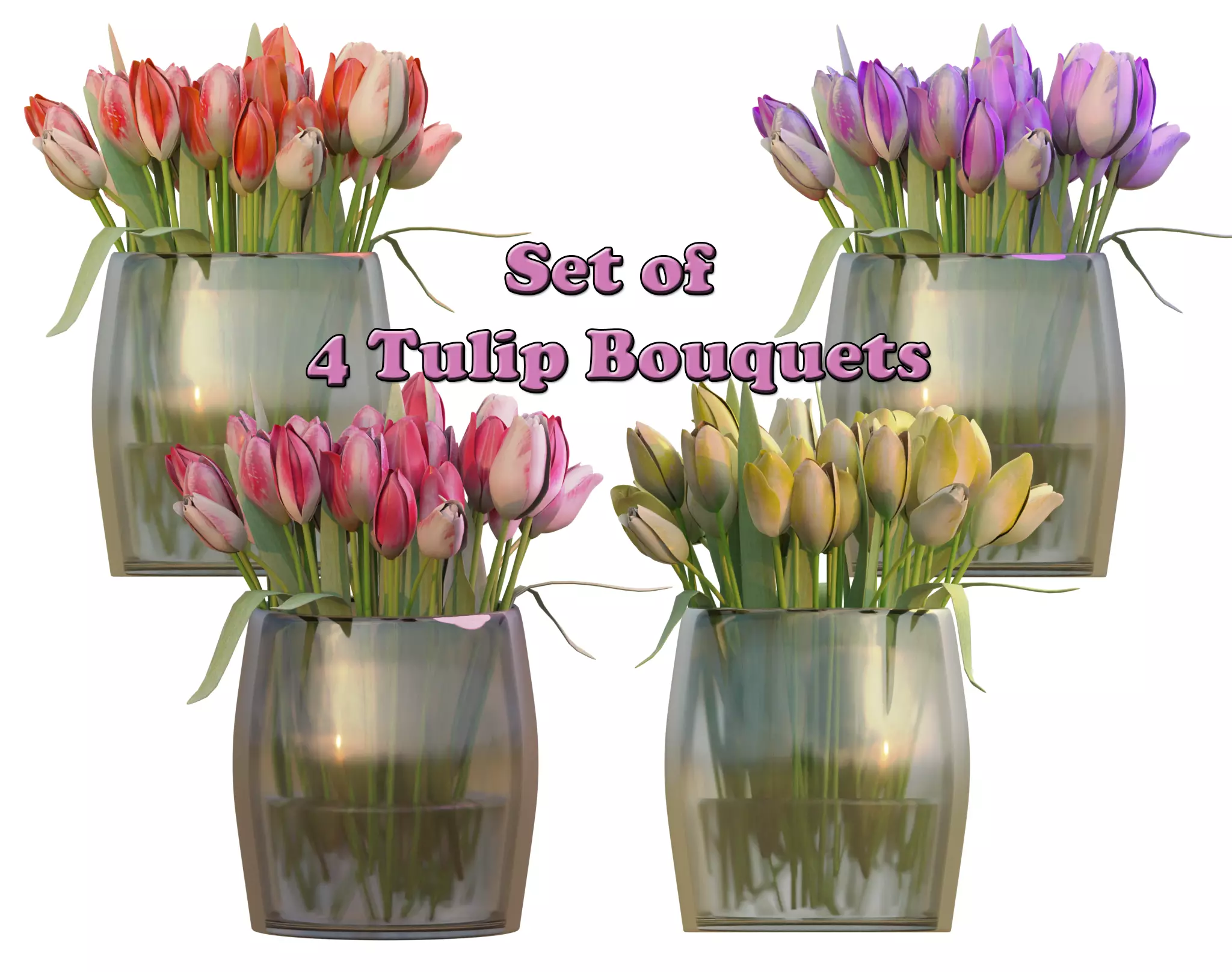Set of 4 Tulip Bouquets 3D Model Collection_0