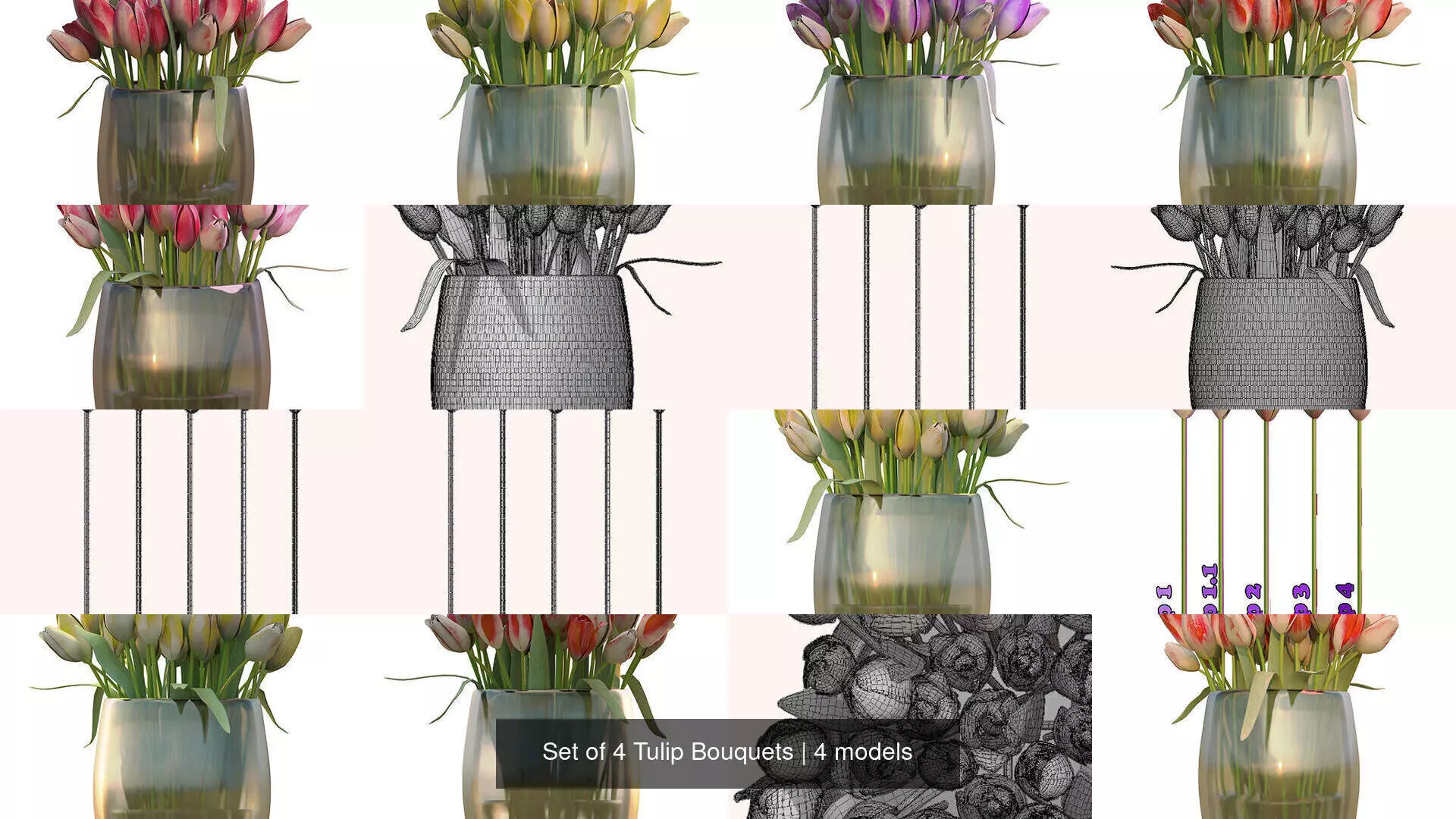 Set of 4 Tulip Bouquets 3D Model Collection_1