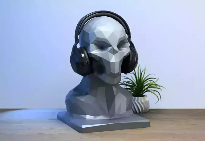 Low-poly human head headphone stand