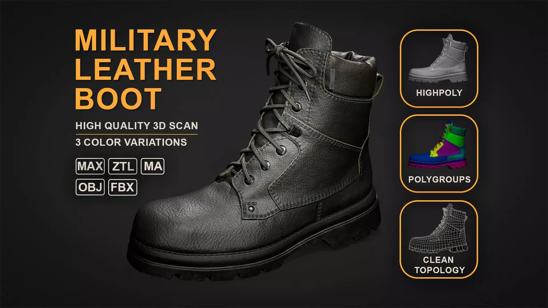 Military Leather Boot Low-poly 3D model_0