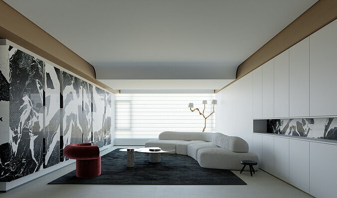 Modern Italian Minimalist Living and Dining Room Interior Scene 3D model