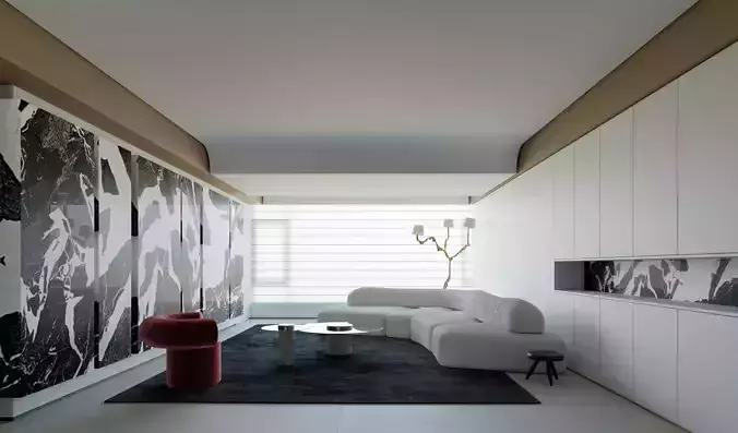 Modern Italian Minimalist Living and Dining Room Interior Scene 3D model