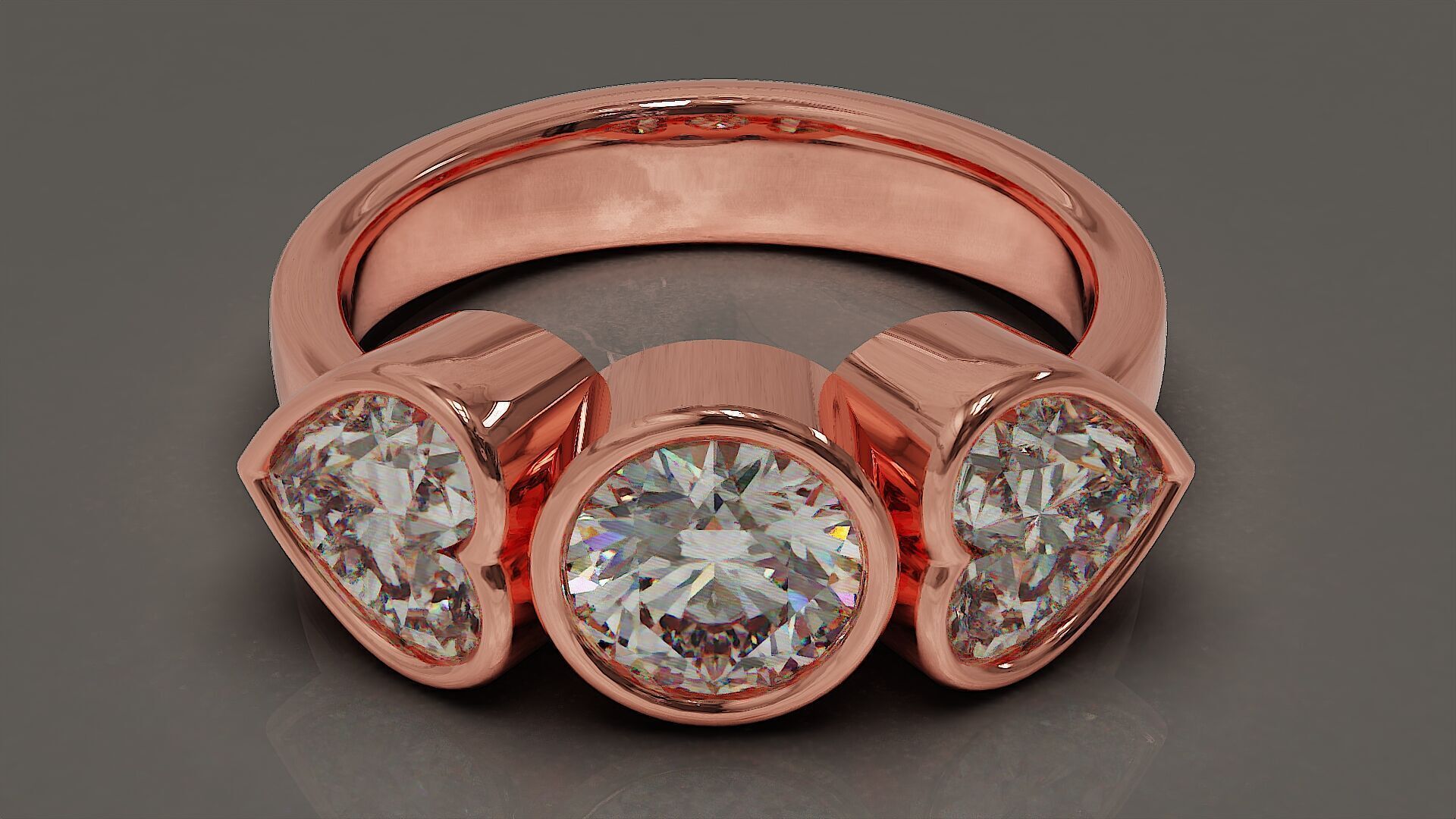 Bezel set round and heart shape diamond three stone ring 3D print model_7