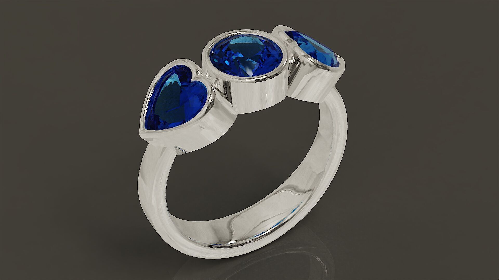 Bezel set round and heart shape diamond three stone ring 3D print model_13