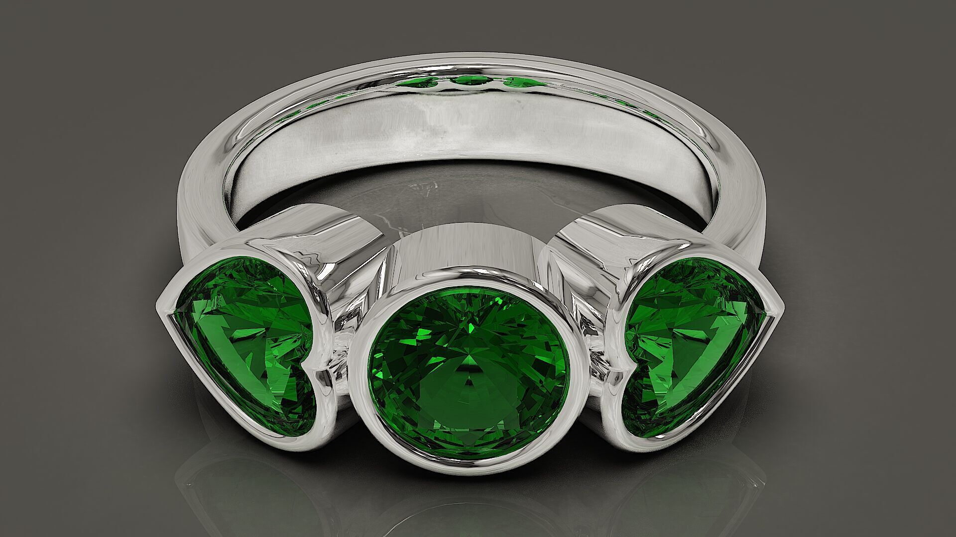 Bezel set round and heart shape diamond three stone ring 3D print model_10