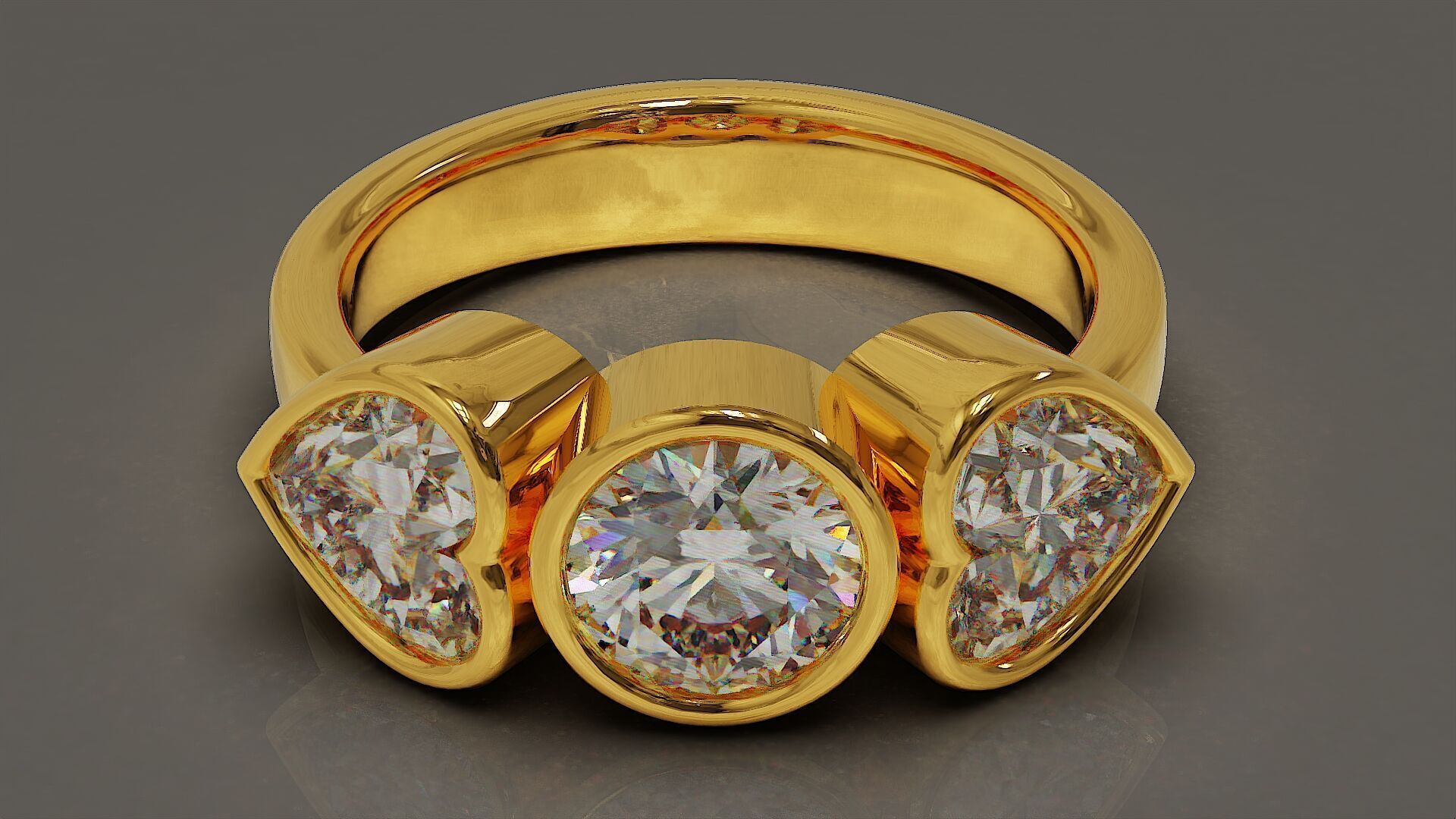 Bezel set round and heart shape diamond three stone ring 3D print model_1